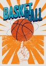 Basketball tournament typographical vintage grunge style poster design. Ball spins on finger. Retro vector illustration. Royalty Free Stock Photo